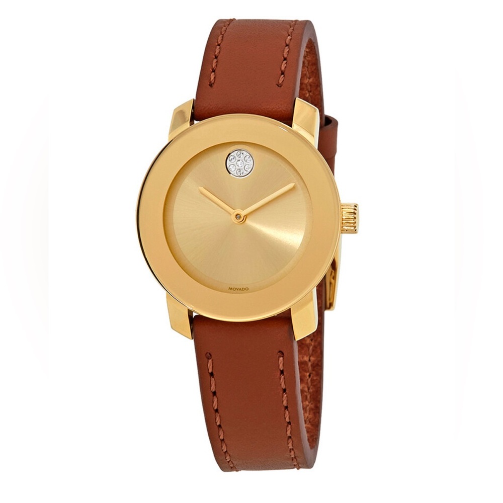 New Movado Bold Women’s Gold Dial Brown Leather Strap Watch 3600437